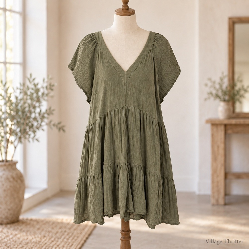 Old Navy Tiered Dress Womens XXL Olive Green Boho Cottagecore V-Neck Short